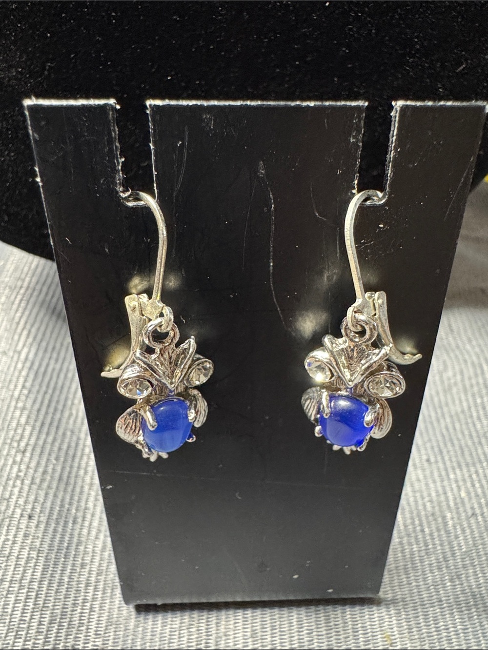 Vintage Source Unknown Silver-Tone Drop Earrings with Blue Cabochons